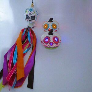 Day Of The Dead LED Pumpkin &Hanging  Skull Decor With Colorful Ribbons